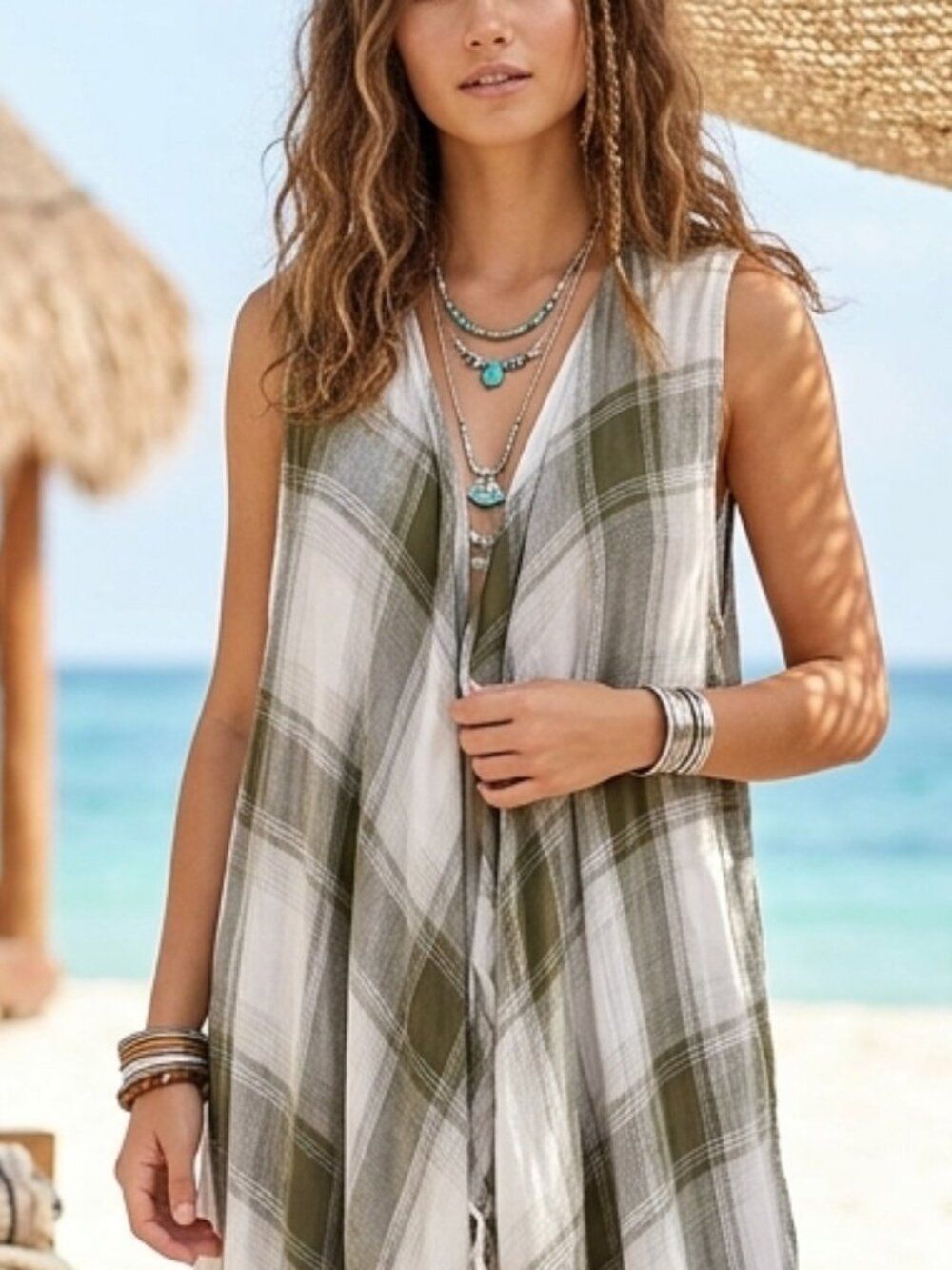 Maurices Olive & Cream Plaid Open Front Cardigan Duster OSFM